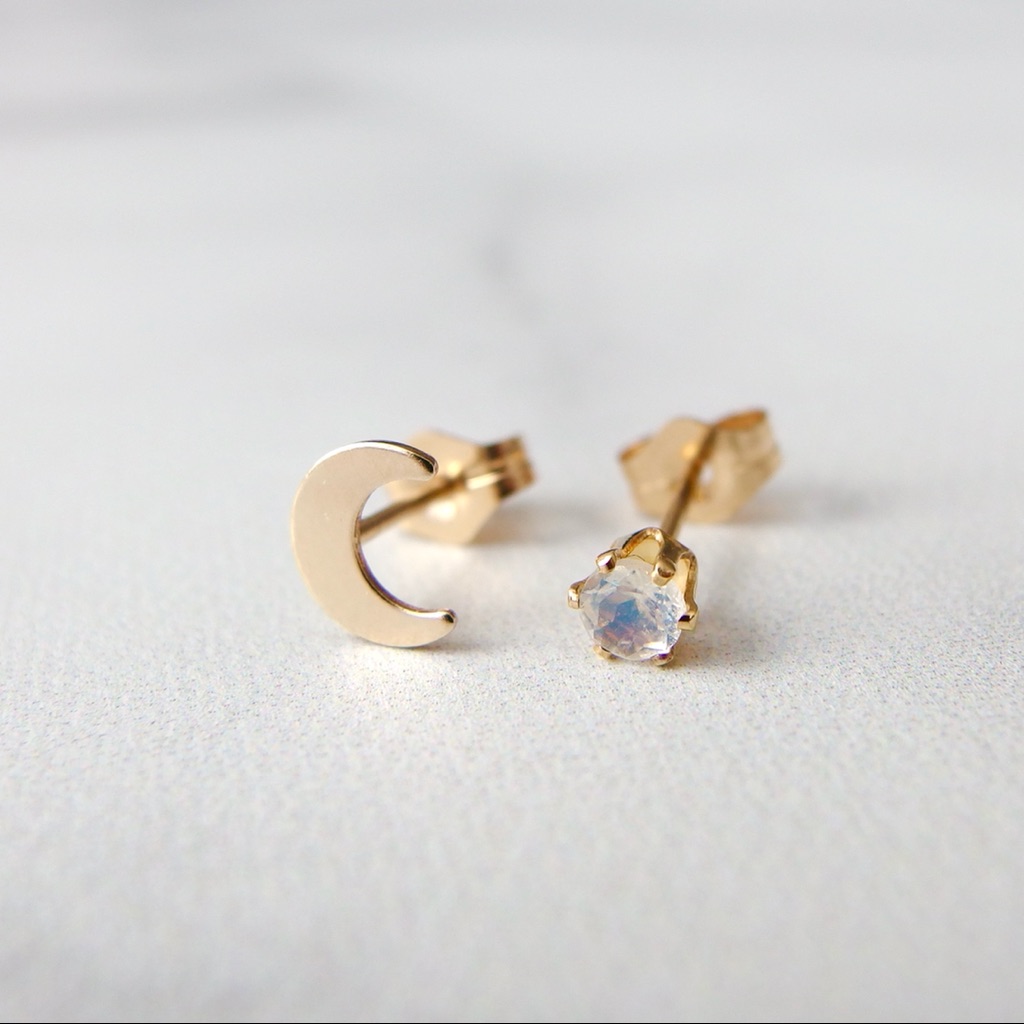Moon & Moonstone Stud Earring Set 14k Gf